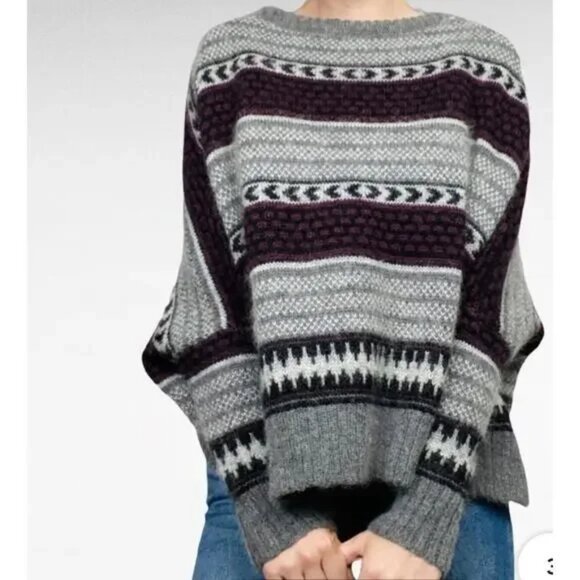 Willow & Clay Gray Maroon Wool Blend Fair Isle Drop Sleeve Sweater Sz S - Picture 1 of 8